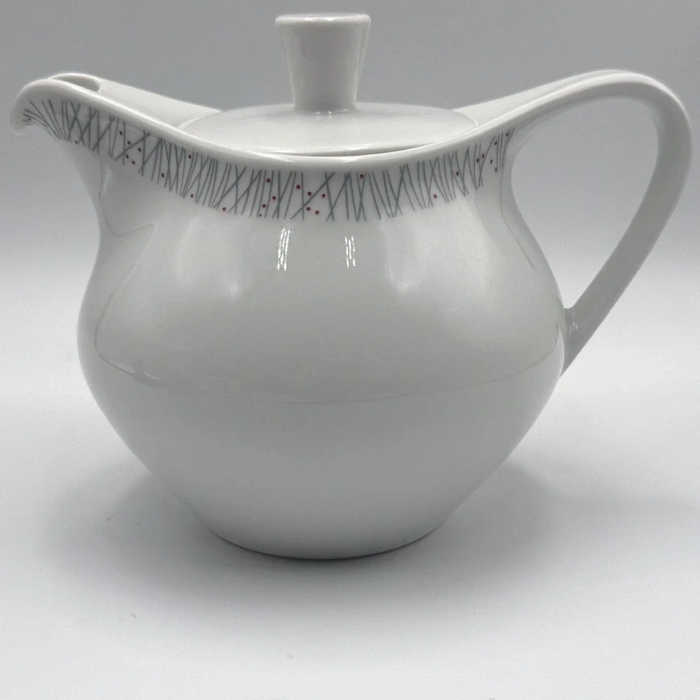 Vintage Schonwald Mid‎ Century Modern White Porcelain Teapot Germany Gray Red